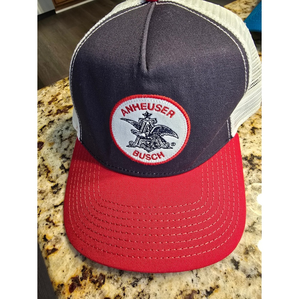 Anheuser Busch Red Navy White Mesh Trucker Hat Cap Adjustable